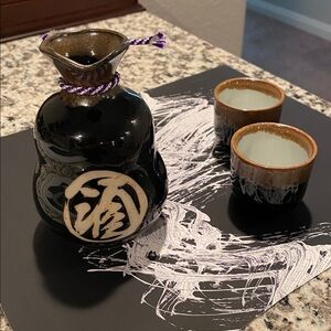 Black Ceramic Sake Set with Kanji Design